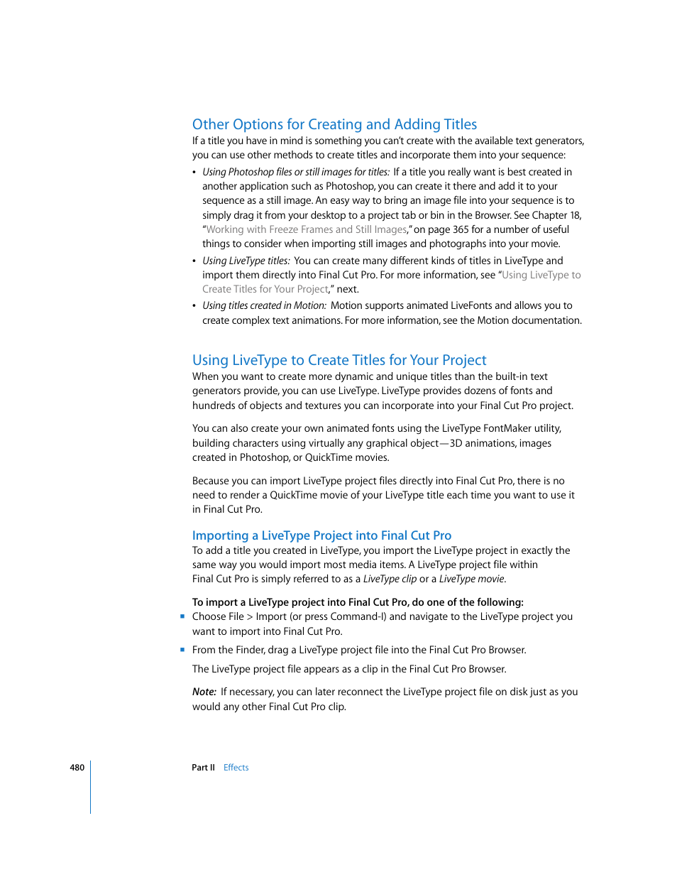 Other options for creating and adding titles, Using livetype to create titles for your project, Importing a livetype project into finalcutpro | P. 480) | Apple Final Cut Pro 6 User Manual | Page 1265 / 2033