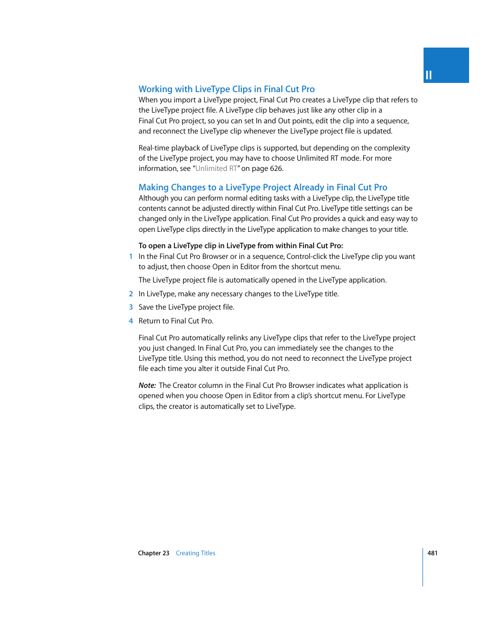 Working with livetype clips in finalcutpro | Apple Final Cut Pro 6 User Manual | Page 1266 / 2033