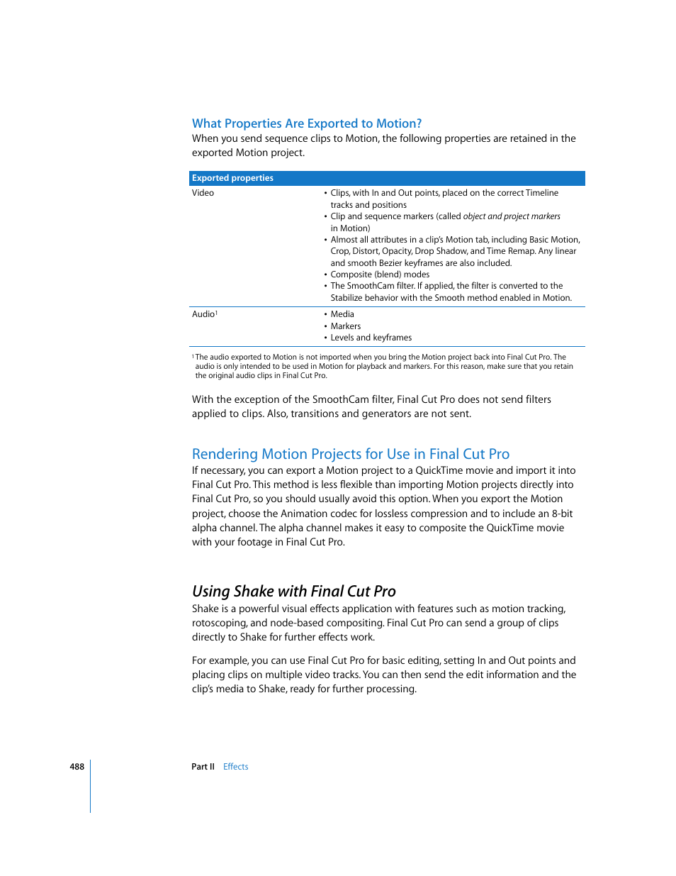 What properties are exported to motion, Rendering motion projects for use in finalcutpro, Using shake with finalcutpro | Rendering motion projects for use in final cut pro, Using shake with final cut pro, P. 488) | Apple Final Cut Pro 6 User Manual | Page 1273 / 2033