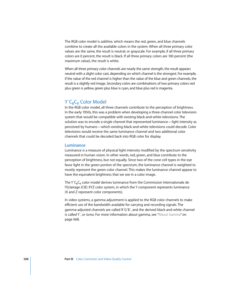 Y´cbcr color model, Luminance, Color model | Apple Final Cut Pro 6 User Manual | Page 1293 / 2033