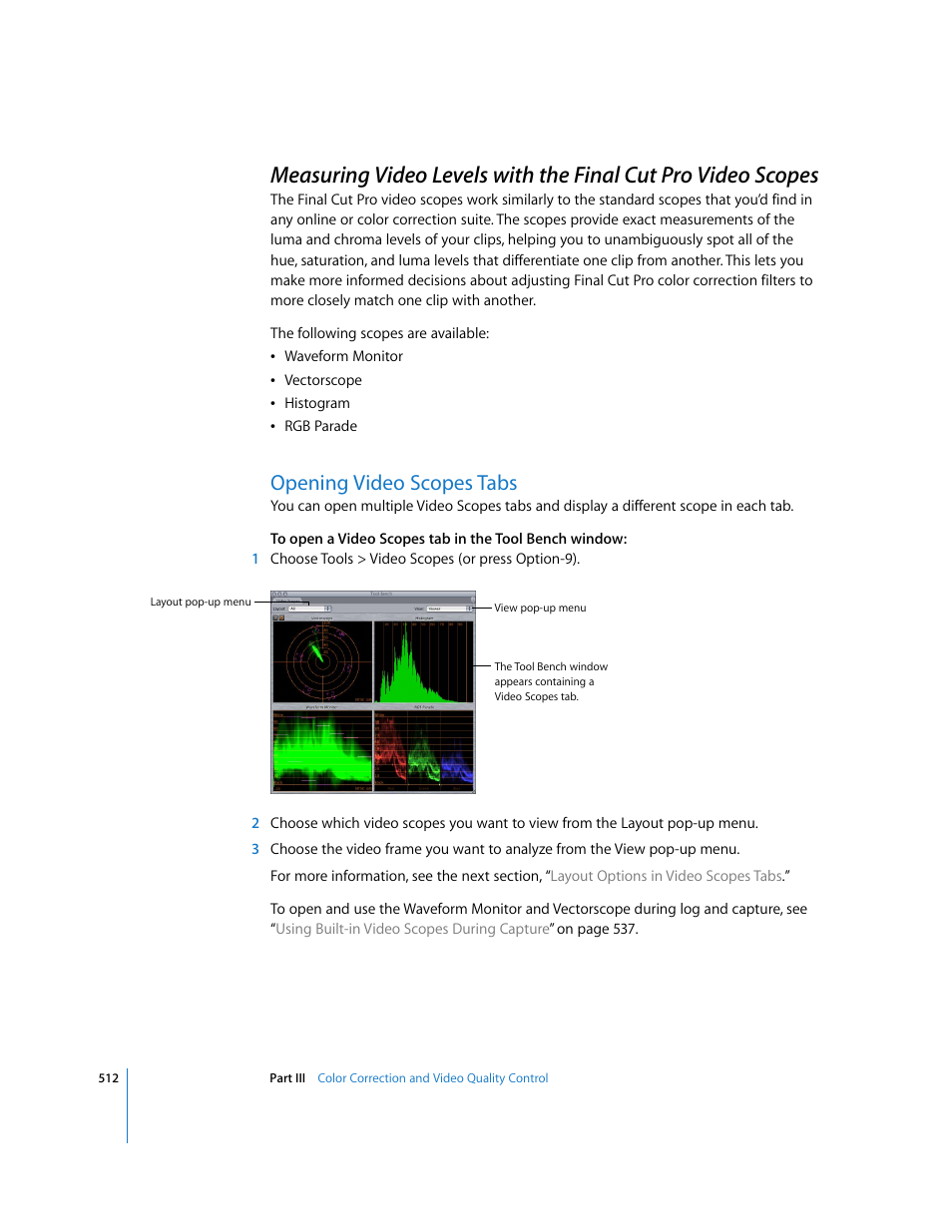 Opening video scopes tabs, P. 512) | Apple Final Cut Pro 6 User Manual | Page 1297 / 2033