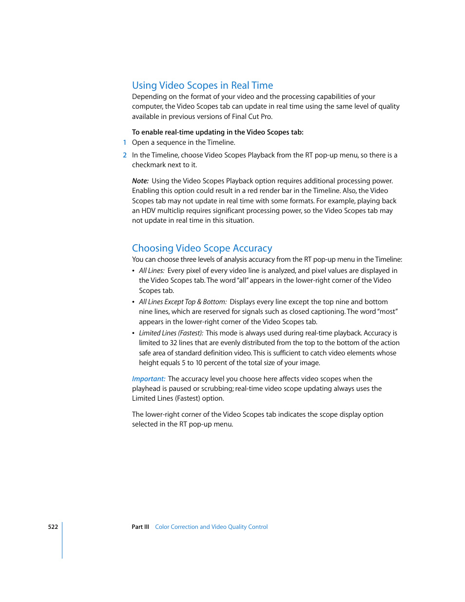 Using video scopes in real time, Choosing video scope accuracy | Apple Final Cut Pro 6 User Manual | Page 1307 / 2033