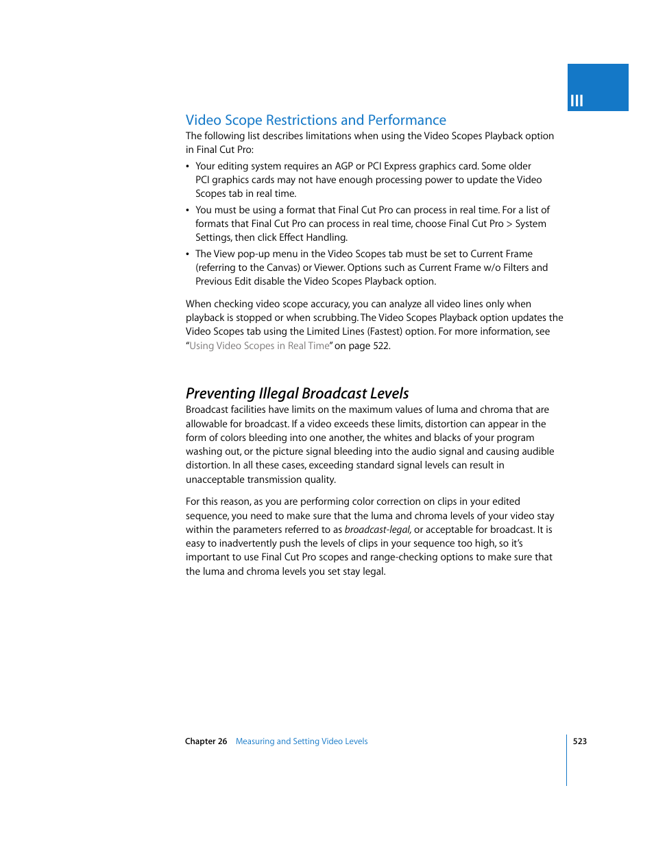 Video scope restrictions and performance, Preventing illegal broadcast levels, P. 523) | Apple Final Cut Pro 6 User Manual | Page 1308 / 2033