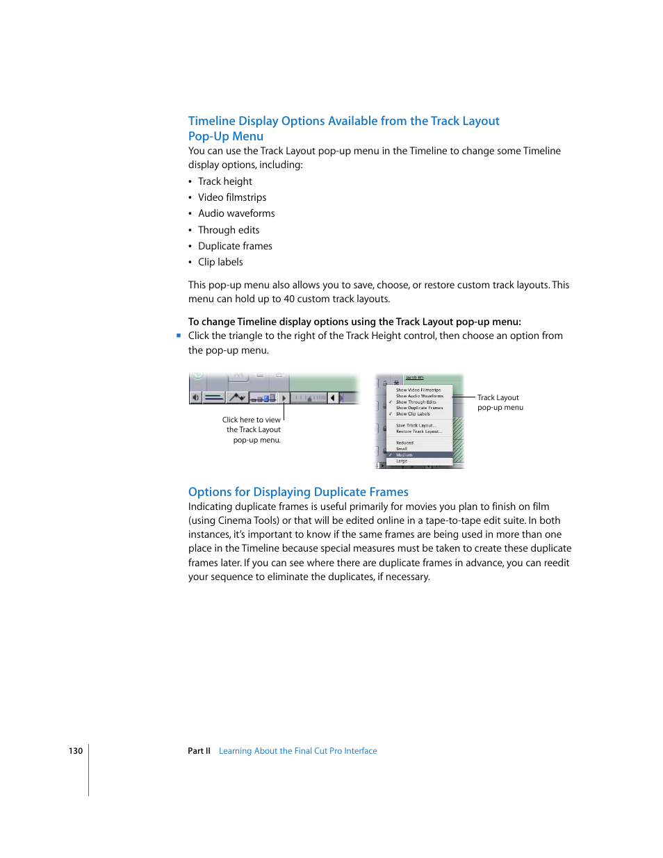 Options for displaying duplicate frames, Pop-up menu, Options | For displaying duplicate frames | Apple Final Cut Pro 6 User Manual | Page 131 / 2033