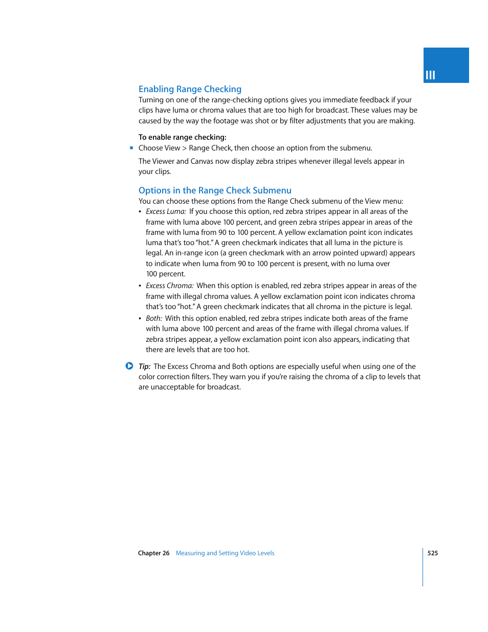Enabling range checking, Options in the range check submenu | Apple Final Cut Pro 6 User Manual | Page 1310 / 2033
