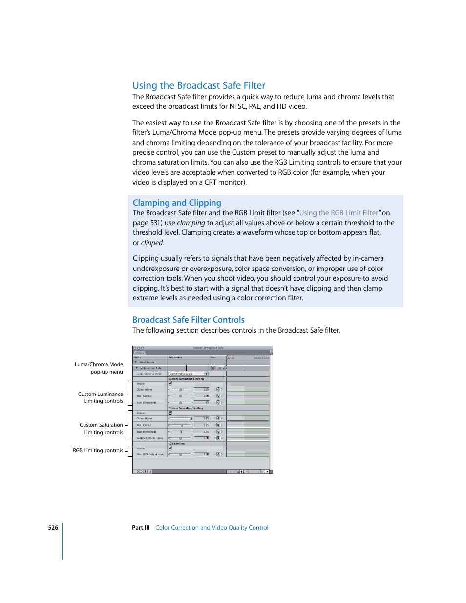 Using the broadcast safe filter, Clamping and clipping, Broadcast safe filter controls | Apple Final Cut Pro 6 User Manual | Page 1311 / 2033