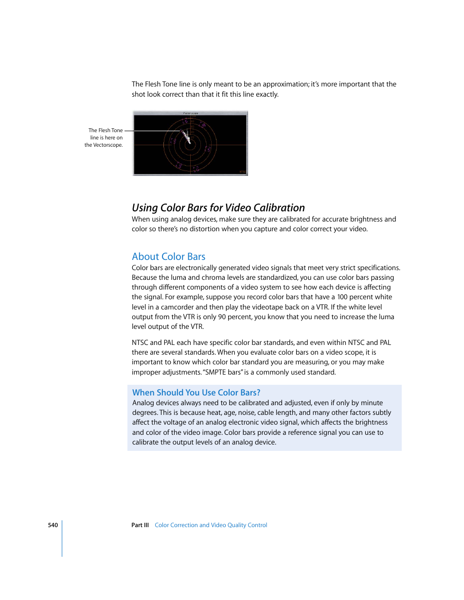 Using color bars forvideocalibration, About color bars, When should you use color bars | Using color bars for video calibration, P. 540) | Apple Final Cut Pro 6 User Manual | Page 1325 / 2033