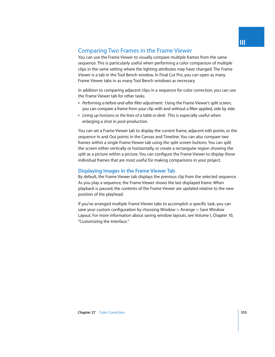 Comparing two frames in the frame viewer, Displaying images in the frame viewer tab, Comparing two frames in the frame | Viewer | Apple Final Cut Pro 6 User Manual | Page 1340 / 2033