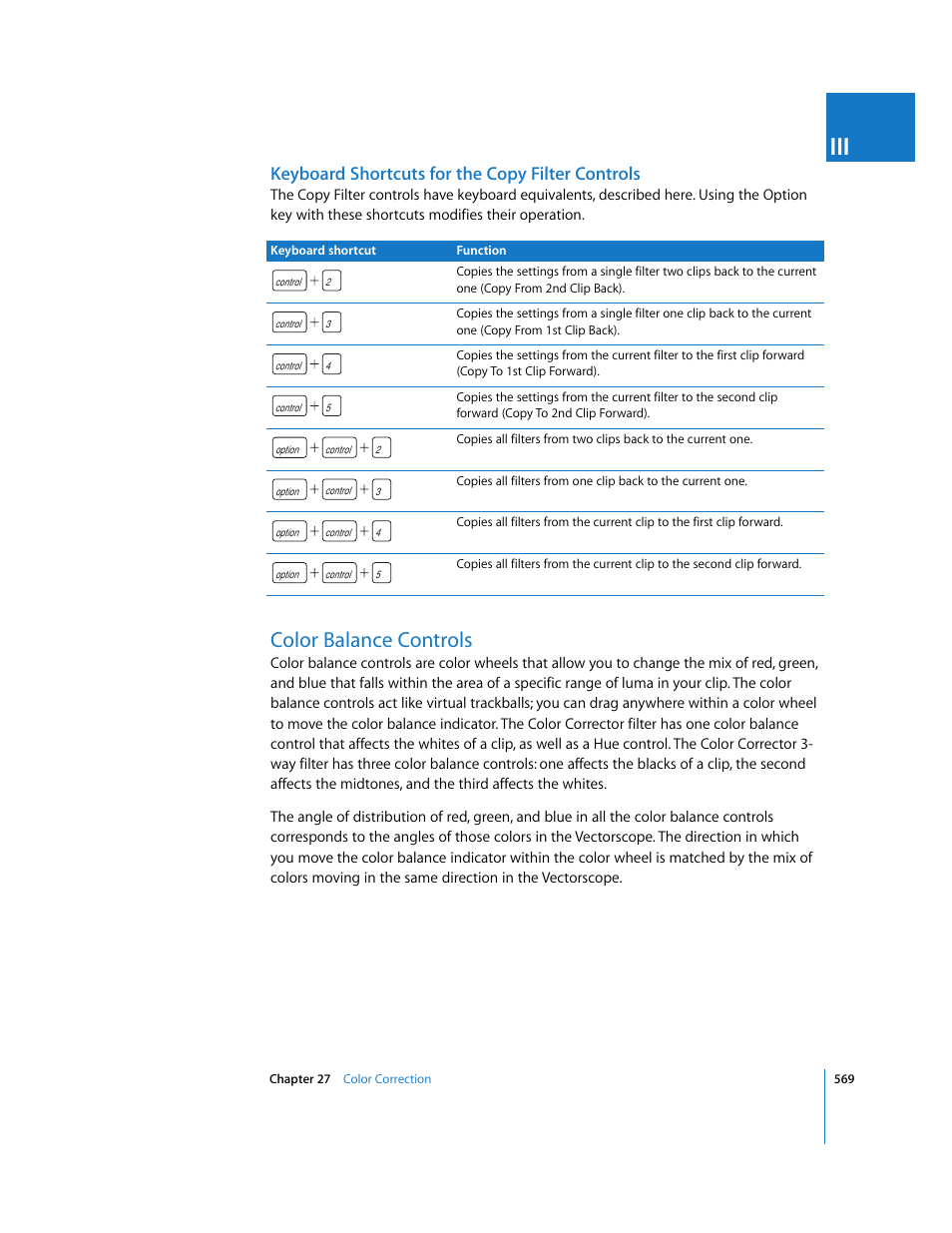 Keyboard shortcuts for the copy filter controls, Color balance controls | Apple Final Cut Pro 6 User Manual | Page 1354 / 2033