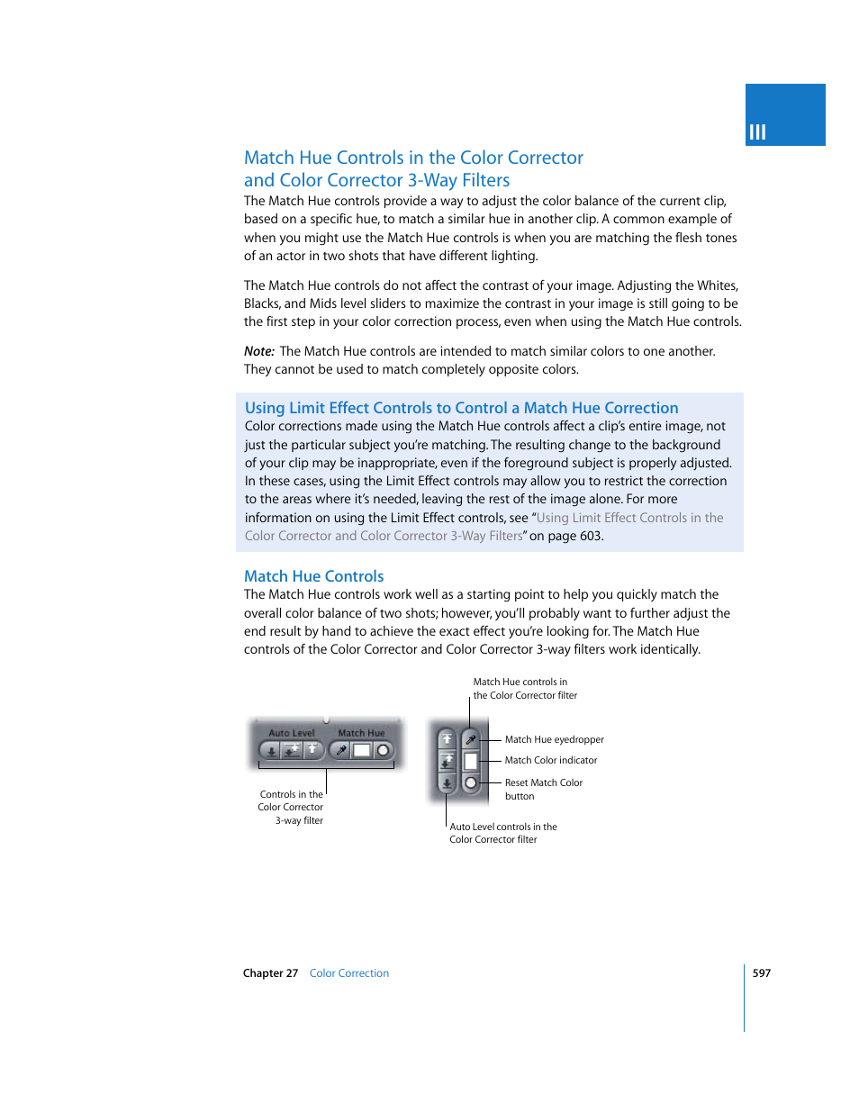 Match hue controls, Match hue controls in the color corrector, And color corrector 3-way filters | Apple Final Cut Pro 6 User Manual | Page 1382 / 2033