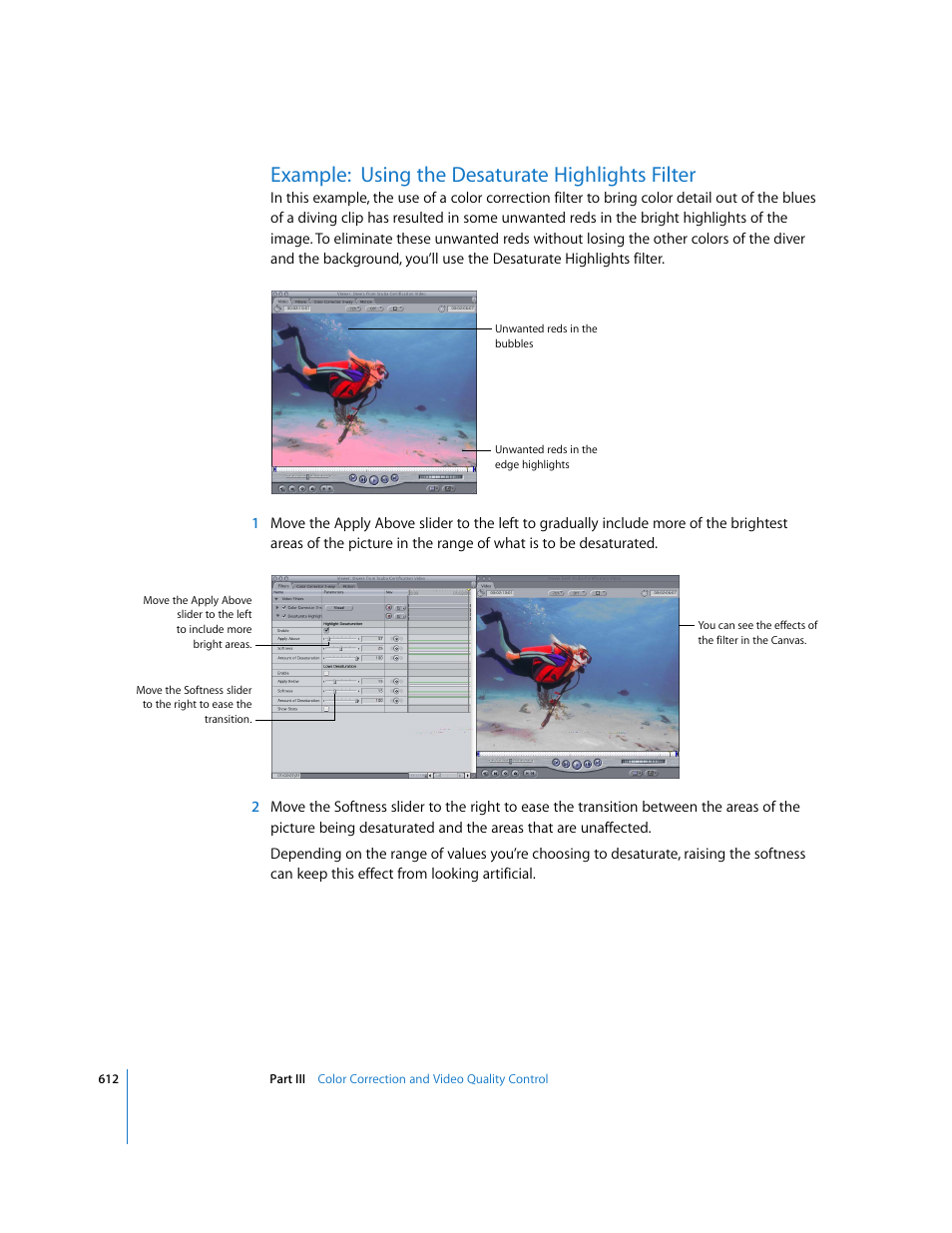 Example:using the desaturate highlights filter, Example: using the desaturate highlights filter | Apple Final Cut Pro 6 User Manual | Page 1397 / 2033