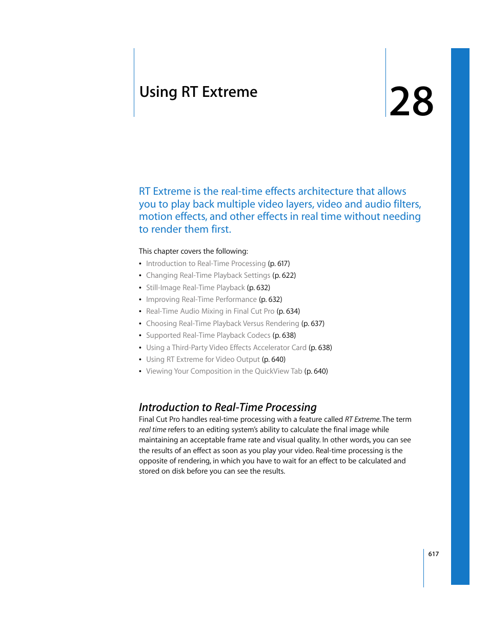 Using rt extreme, Introduction to real-time processing, Chapter 28 | See chapter 28 | Apple Final Cut Pro 6 User Manual | Page 1402 / 2033