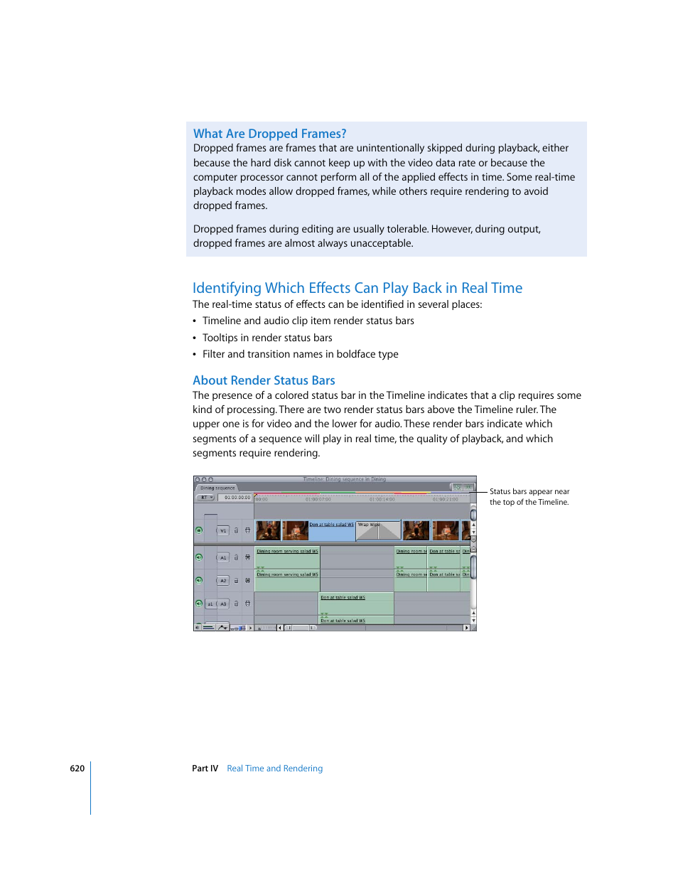 What are dropped frames, About render status bars | Apple Final Cut Pro 6 User Manual | Page 1405 / 2033