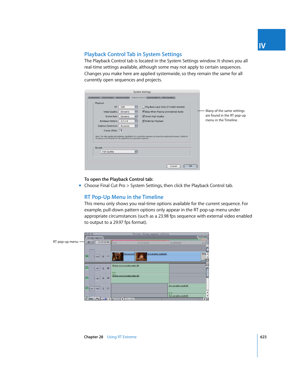 Playback control tab in system settings, Rt pop-up menu in the timeline | Apple Final Cut Pro 6 User Manual | Page 1408 / 2033