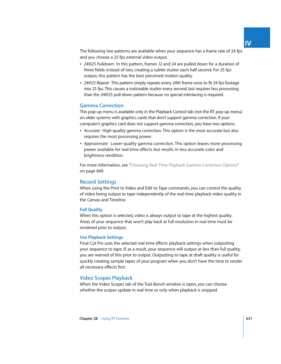 Gamma correction, Record settings, Video scopes playback | Apple Final Cut Pro 6 User Manual | Page 1416 / 2033