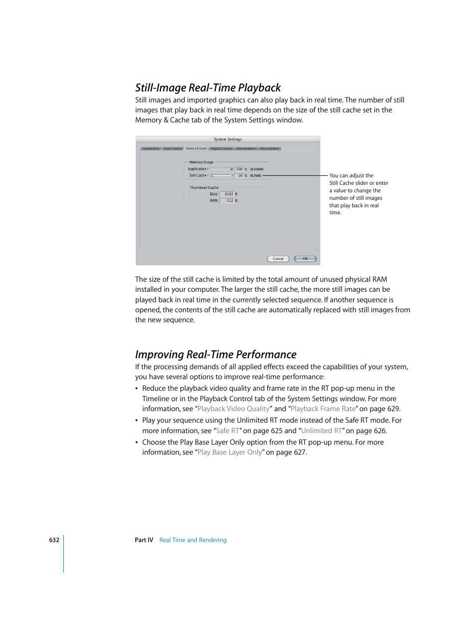 Still-image real-time playback, Improving real-time performance, P. 632) | Apple Final Cut Pro 6 User Manual | Page 1417 / 2033