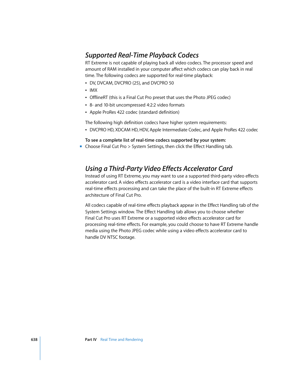 Supported real-time playback codecs, Using a third-party video effects accelerator card, P. 638) | Apple Final Cut Pro 6 User Manual | Page 1423 / 2033