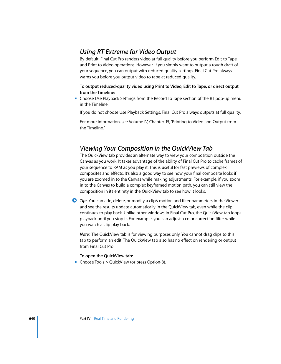Using rt extreme for video output, Viewing your composition in the quickview tab, P. 640) | Apple Final Cut Pro 6 User Manual | Page 1425 / 2033