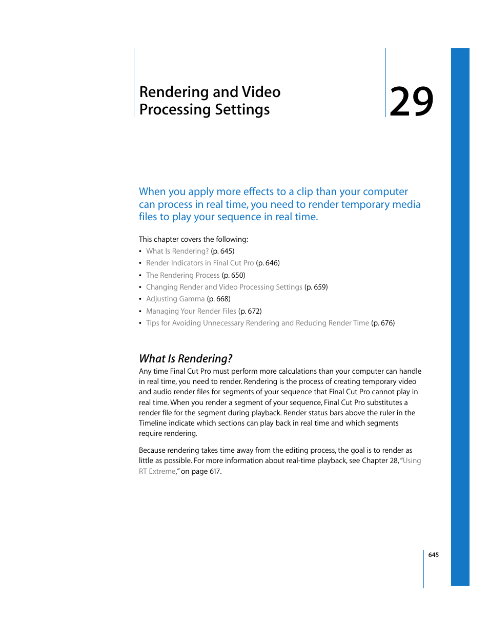 Rendering and video processingsettings, What is rendering, Chapter 29 | Rendering and video processing settings, See chapter 29 | Apple Final Cut Pro 6 User Manual | Page 1430 / 2033