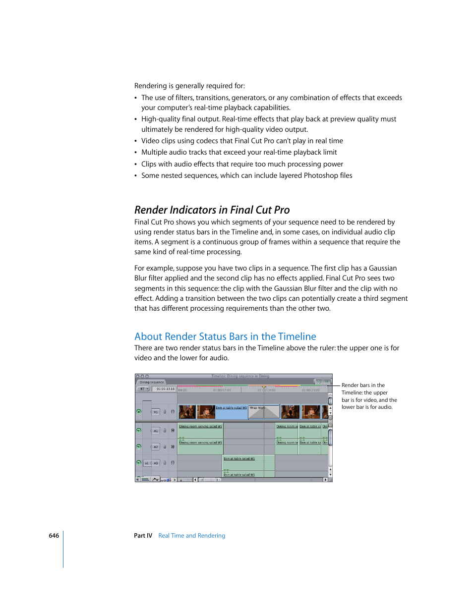 Render indicators in finalcutpro, About render status bars in the timeline, Render indicators in final cut pro | Render indicators in, Final cut pro, P. 646) | Apple Final Cut Pro 6 User Manual | Page 1431 / 2033