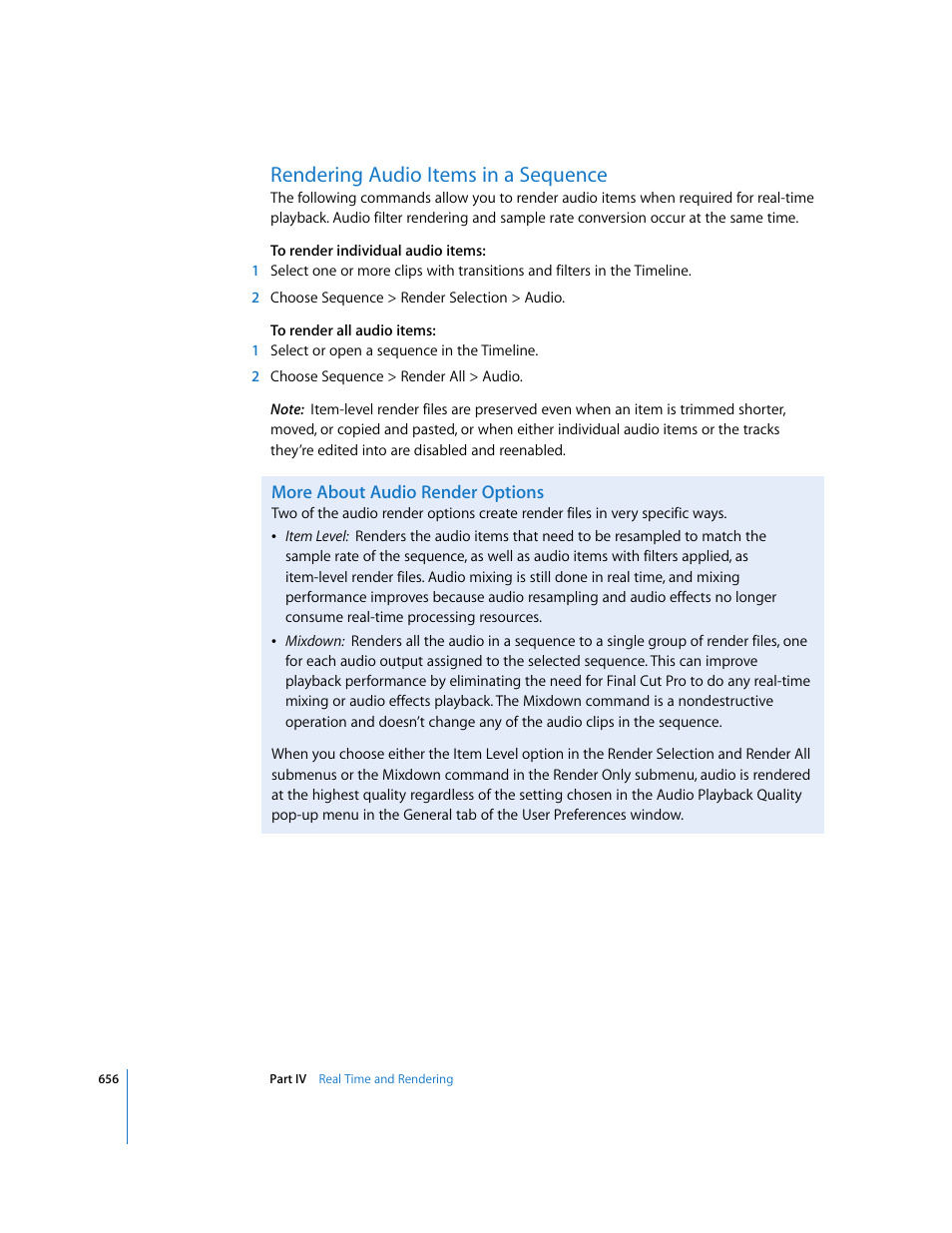 Rendering audio items in a sequence, More about audio render options, More | About audio render options | Apple Final Cut Pro 6 User Manual | Page 1441 / 2033