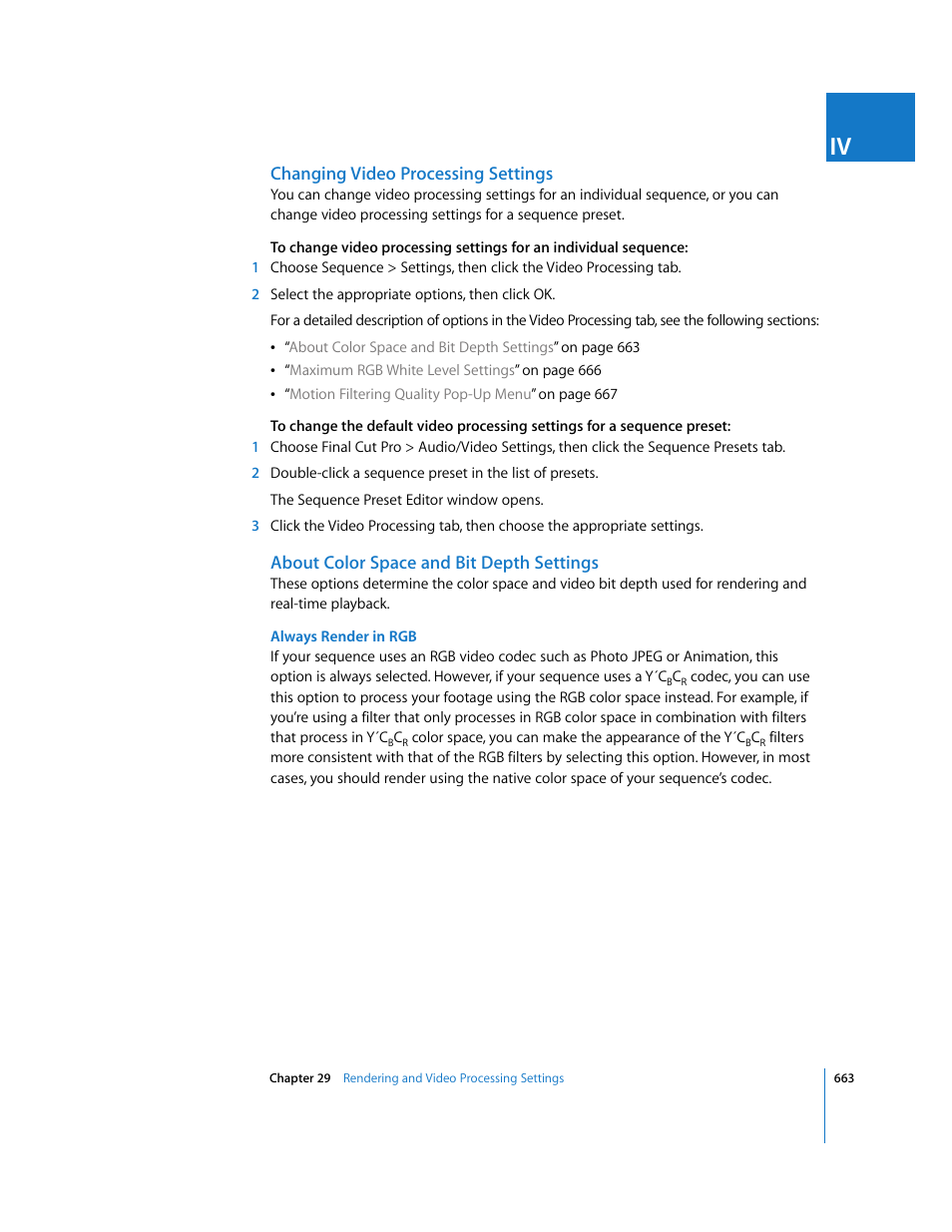 Changing video processing settings, About color space and bit depth settings | Apple Final Cut Pro 6 User Manual | Page 1448 / 2033