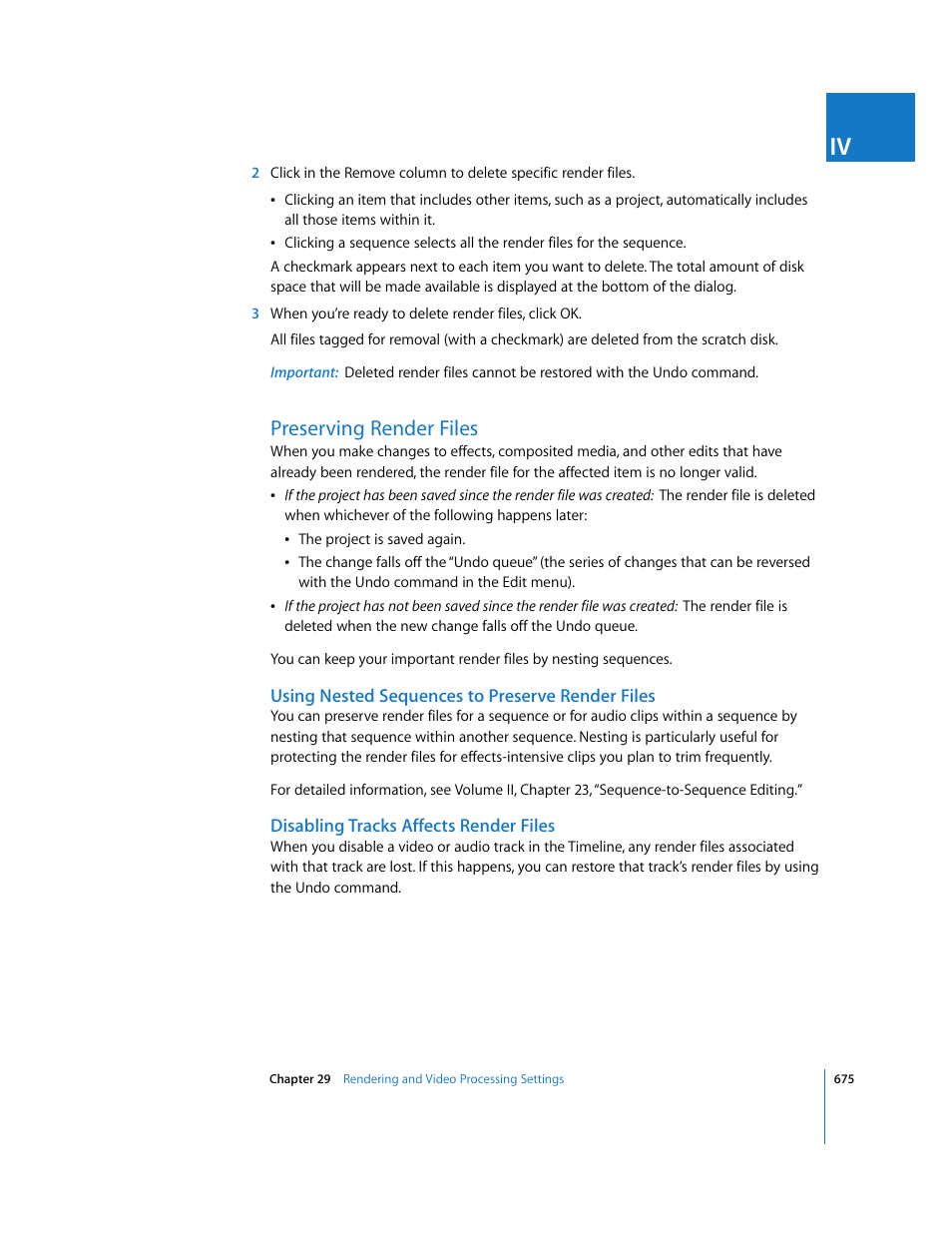 Preserving render files, Using nested sequences to preserve render files, Disabling tracks affects render files | Apple Final Cut Pro 6 User Manual | Page 1460 / 2033