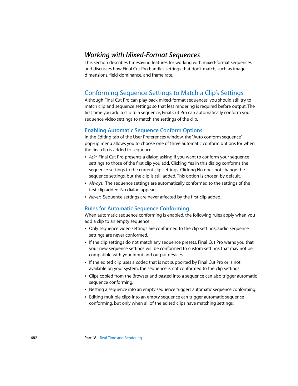 Working with mixed-format sequences, Enabling automatic sequence conform options, Rules for automatic sequence conforming | P. 682) | Apple Final Cut Pro 6 User Manual | Page 1467 / 2033