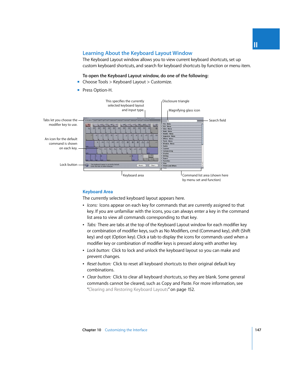 Learning about the keyboard layout window | Apple Final Cut Pro 6 User Manual | Page 148 / 2033