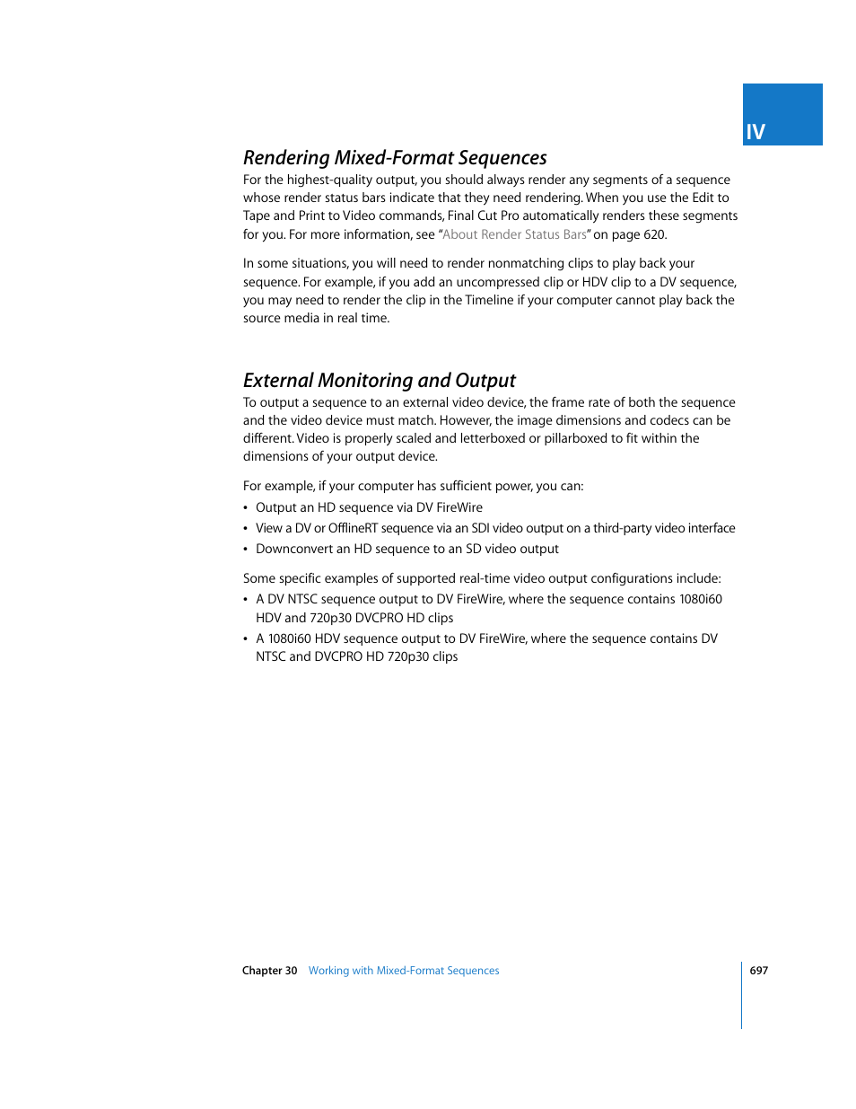 Rendering mixedformat sequences, External monitoring and output, Rendering mixed-format sequences | P. 697), External monitoring and, Output, Rendering, Mixed-format sequences | Apple Final Cut Pro 6 User Manual | Page 1482 / 2033