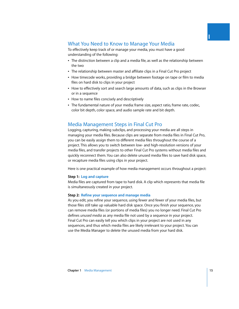 What you need to know to manage your media, Media management steps in finalcutpro, Media management steps in final cut pro | P. 15) | Apple Final Cut Pro 6 User Manual | Page 1498 / 2033