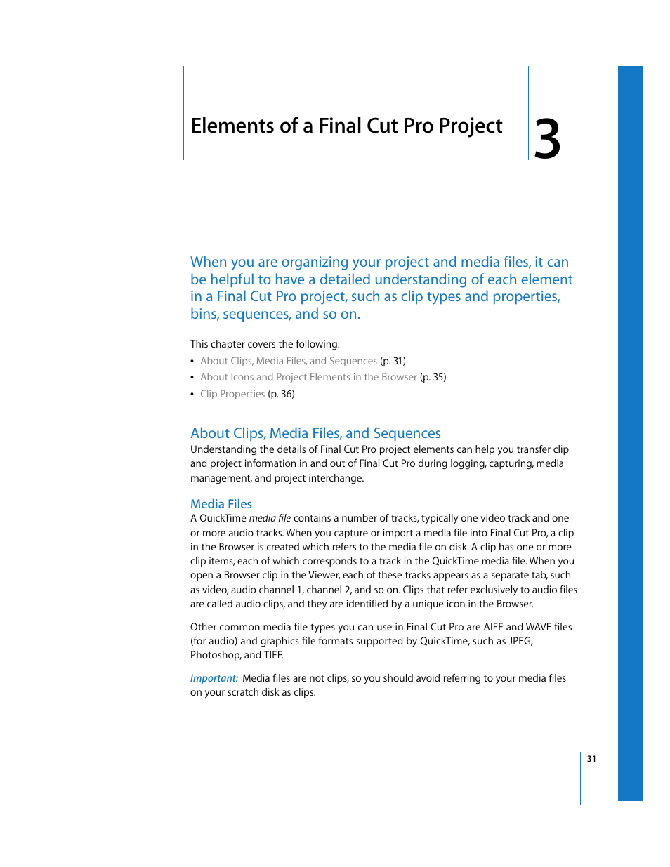 Elements of a finalcutpro project, About clips, media files, and sequences, Media files | Chapter 3, Elements of a final cut pro project | Apple Final Cut Pro 6 User Manual | Page 1514 / 2033