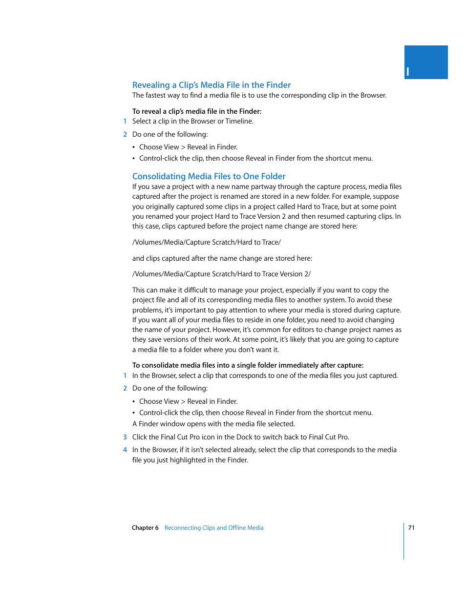 Revealing a clip’s media file in the finder, Consolidating media files to one folder | Apple Final Cut Pro 6 User Manual | Page 1554 / 2033