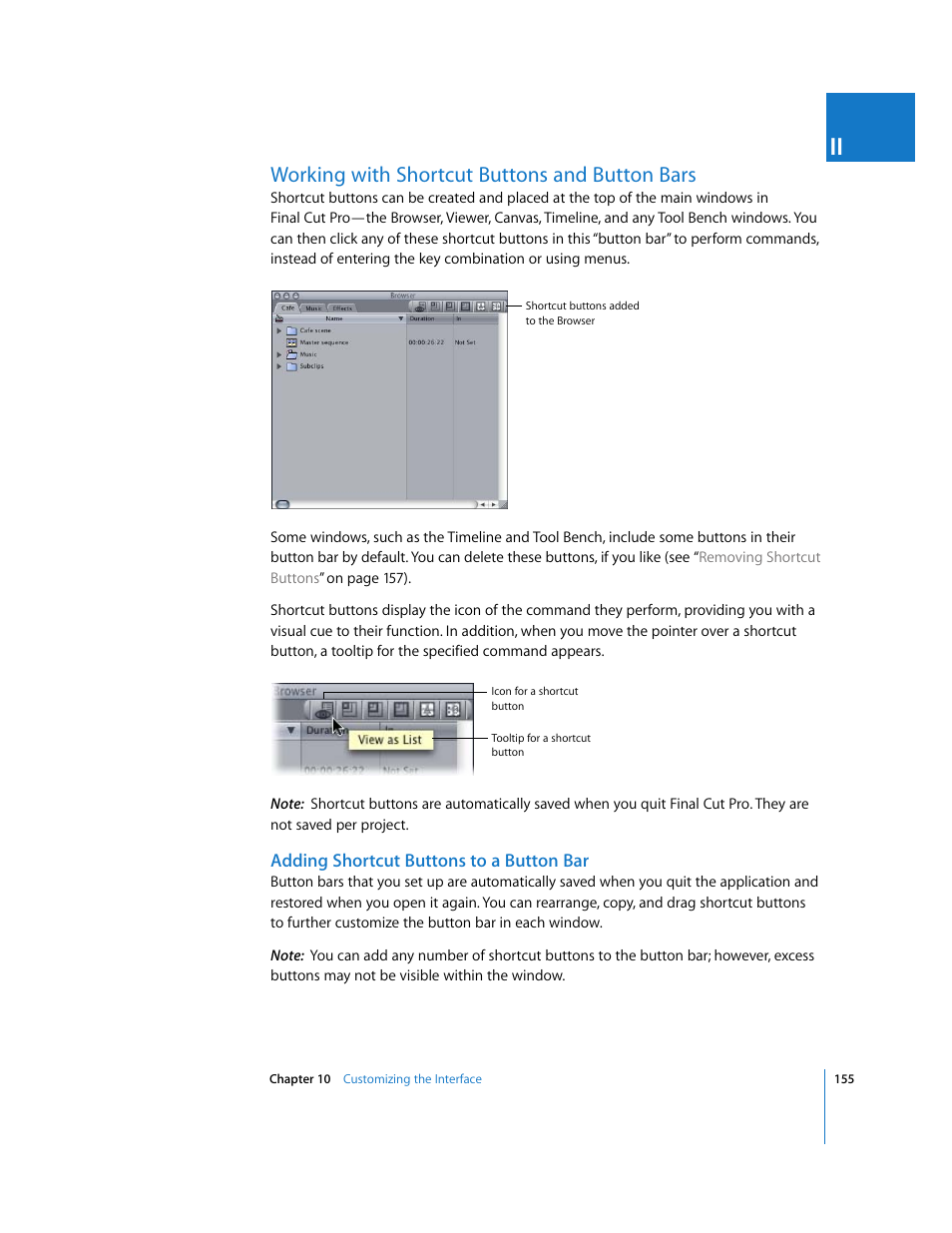 Working with shortcut buttons and button bars, Adding shortcut buttons to a button bar, P. 155) | Apple Final Cut Pro 6 User Manual | Page 156 / 2033