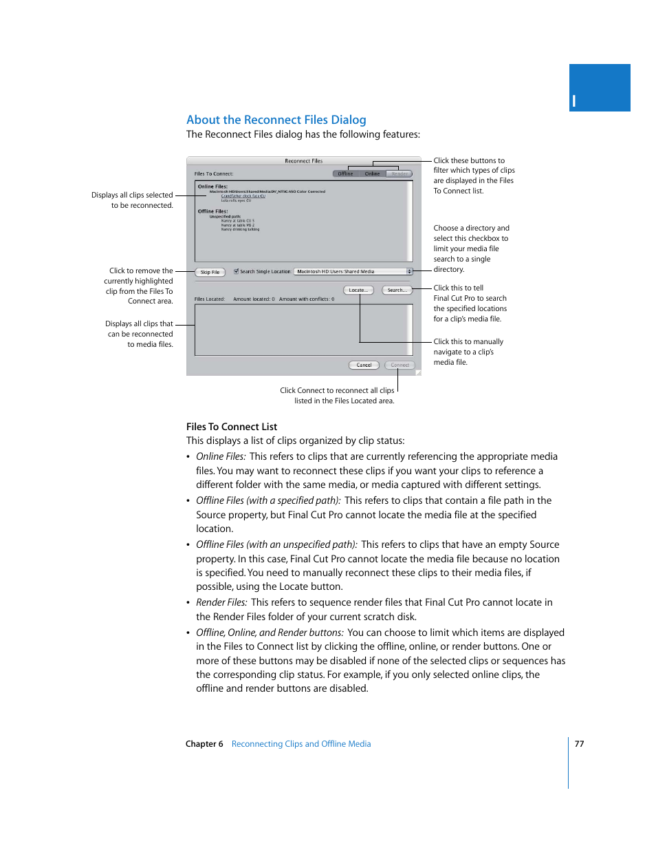 About the reconnect files dialog | Apple Final Cut Pro 6 User Manual | Page 1560 / 2033
