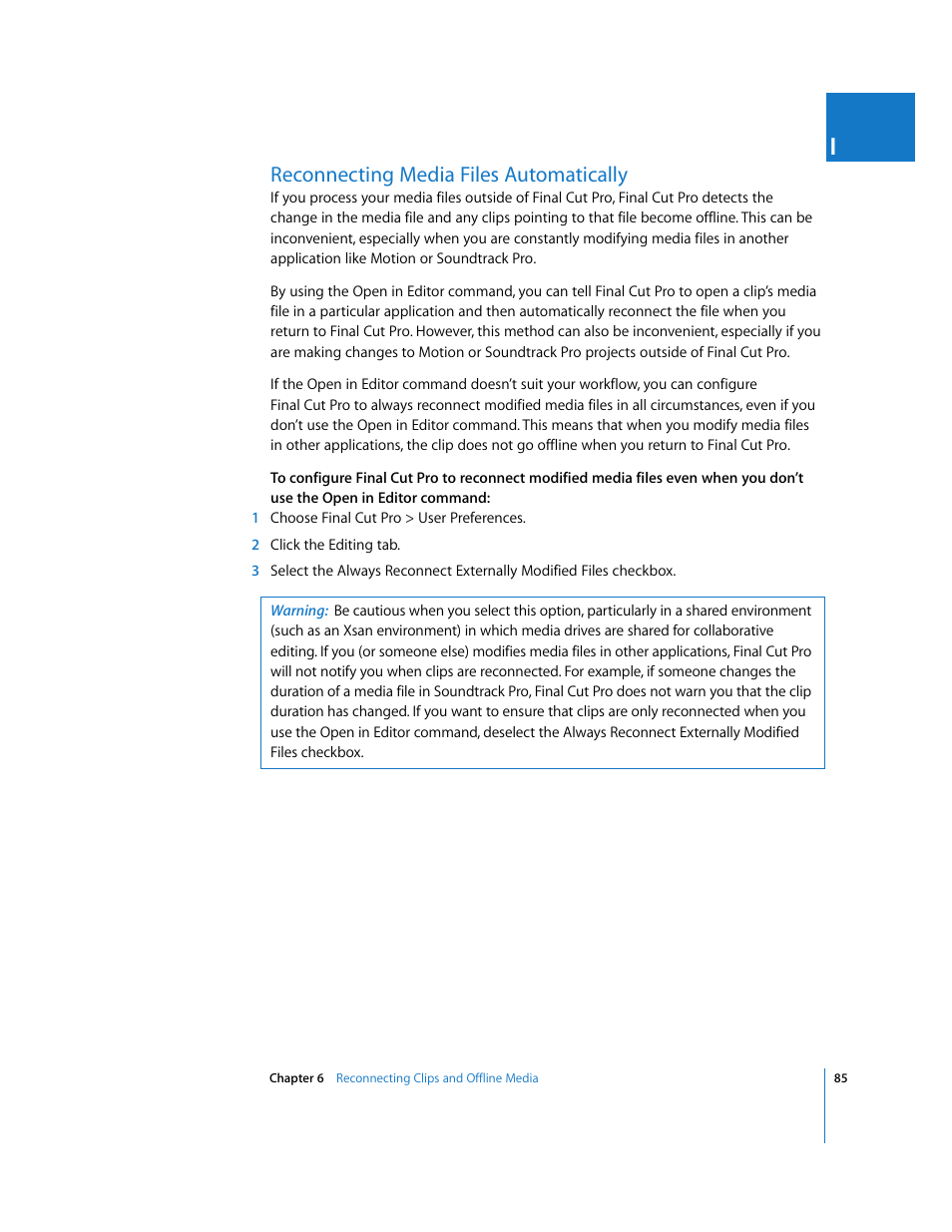 Reconnecting media files automatically, P. 85) | Apple Final Cut Pro 6 User Manual | Page 1568 / 2033