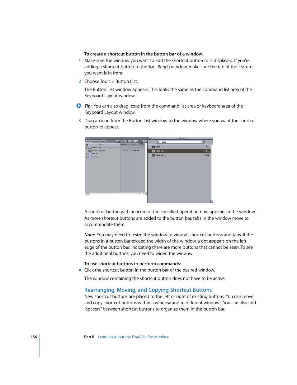 Rearranging, moving, and copying shortcut buttons | Apple Final Cut Pro 6 User Manual | Page 157 / 2033