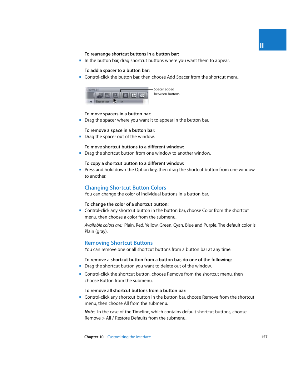 Changing shortcut button colors, Removing shortcut buttons, E (see | Removing shortcut, Buttons | Apple Final Cut Pro 6 User Manual | Page 158 / 2033
