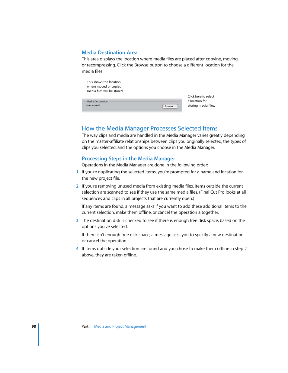 Media destination area, How the media manager processes selected items, Processing steps in the media manager | P. 98) | Apple Final Cut Pro 6 User Manual | Page 1581 / 2033