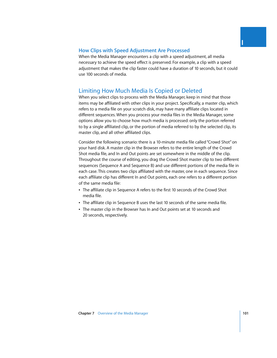How clips with speed adjustment are processed, Limiting how much media is copied or deleted, P. 101) | Limiting how much media is copied or, Deleted | Apple Final Cut Pro 6 User Manual | Page 1584 / 2033