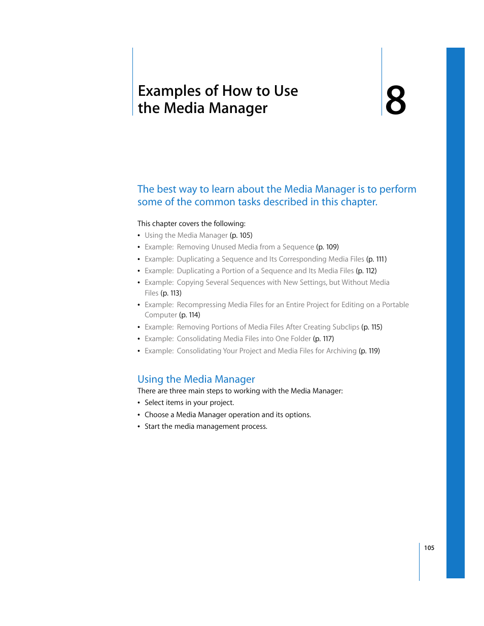 Examples of how to use themedia manager, Using the media manager, Chapter 8 | Examples of how to use the media manager, S in chapter 8, Examples of how to use the media, Manager | Apple Final Cut Pro 6 User Manual | Page 1588 / 2033