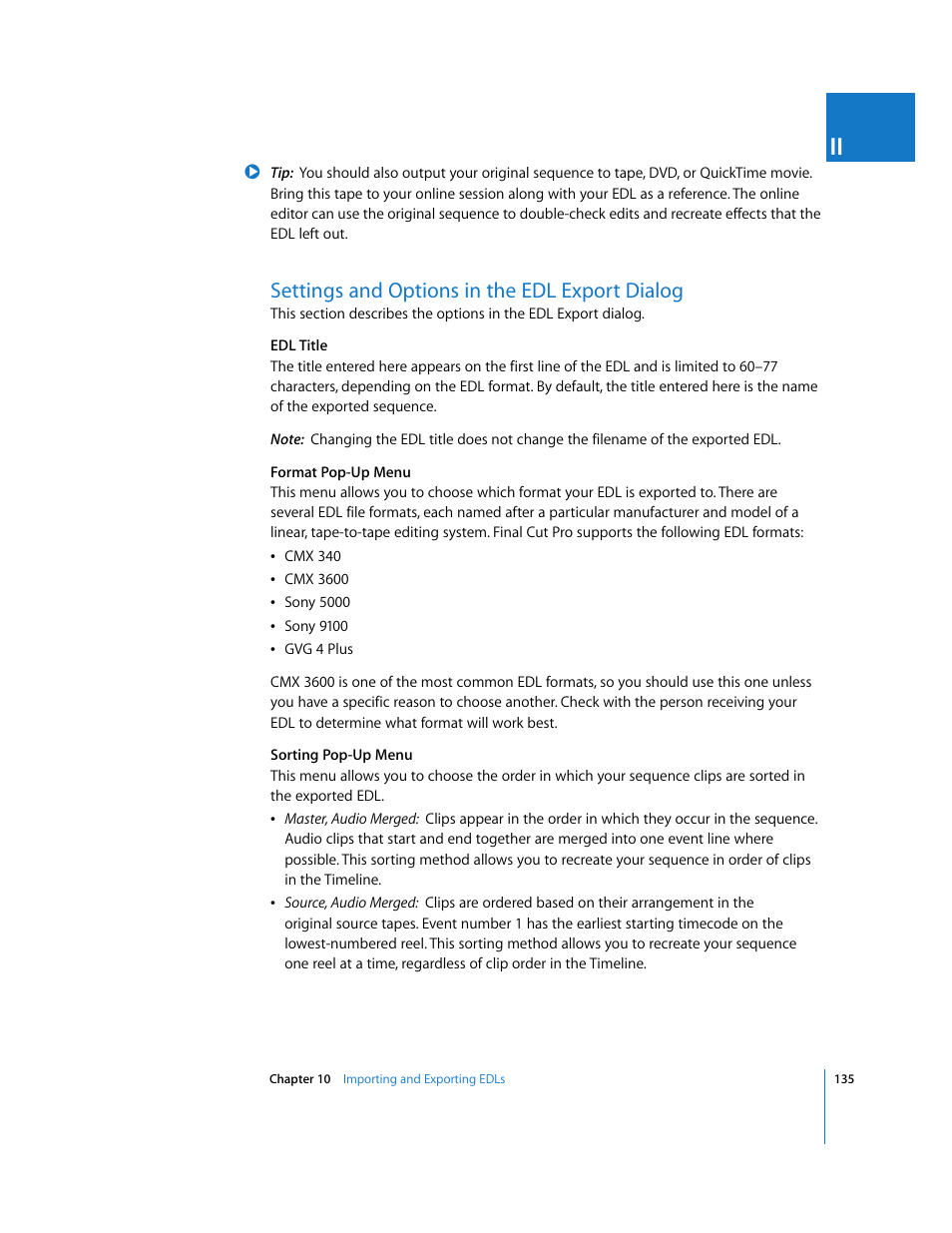 Settings and options in the edl export dialog | Apple Final Cut Pro 6 User Manual | Page 1618 / 2033