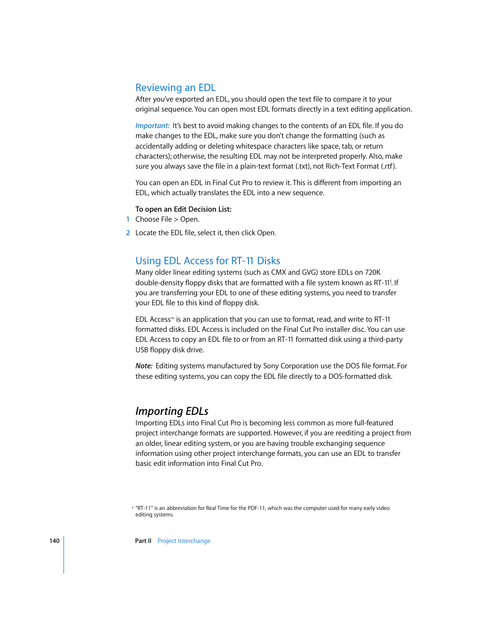 Reviewing an edl, Using edl access for rt-11 disks, Importing edls | P. 140) | Apple Final Cut Pro 6 User Manual | Page 1623 / 2033