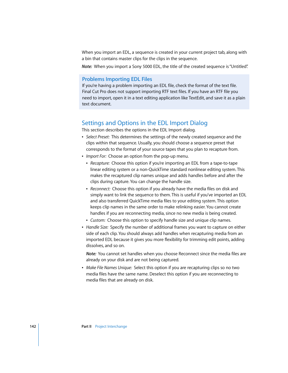 Problems importing edl files, Settings and options in the edl import dialog | Apple Final Cut Pro 6 User Manual | Page 1625 / 2033