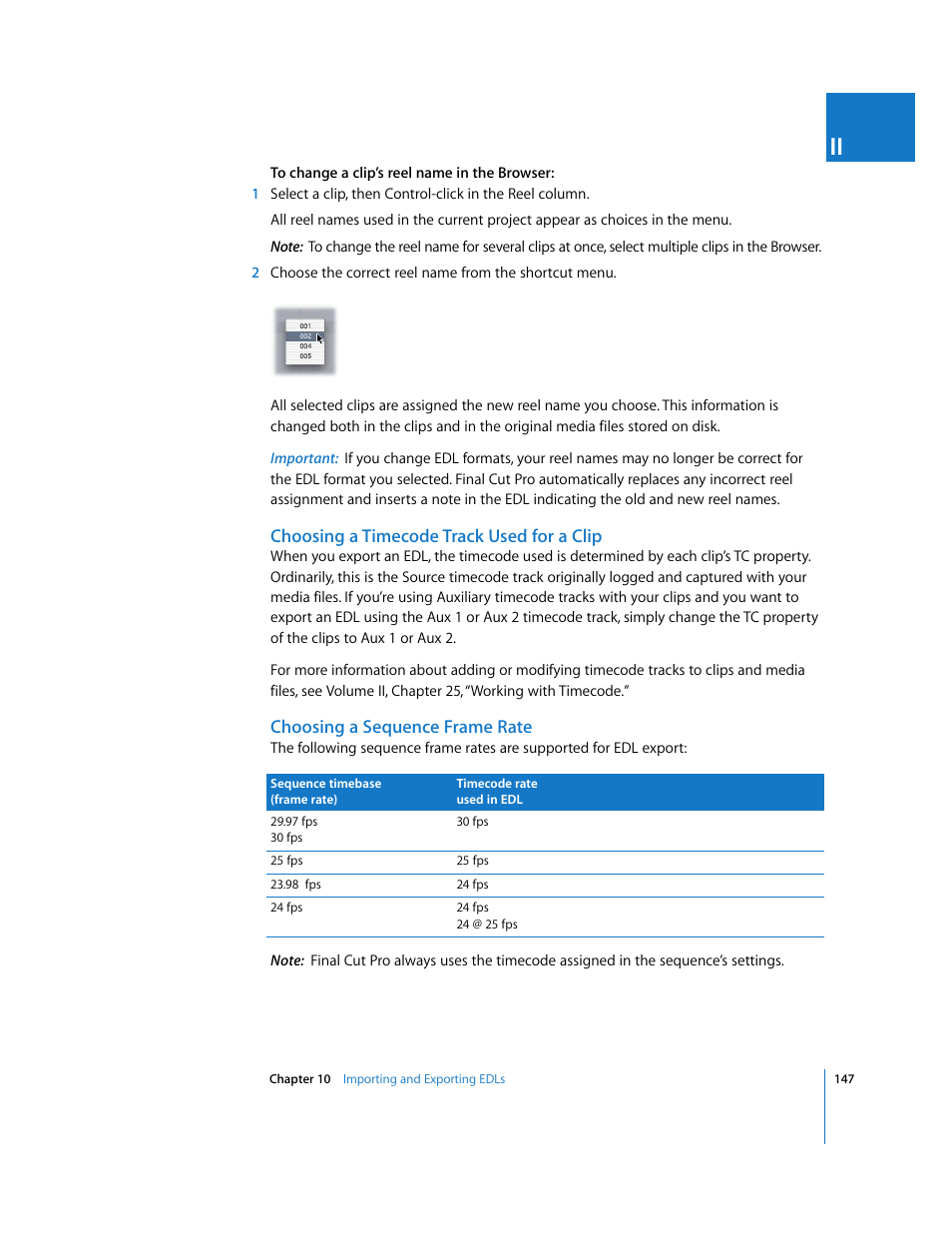 Choosing a timecode track used for a clip, Choosing a sequence frame rate | Apple Final Cut Pro 6 User Manual | Page 1630 / 2033