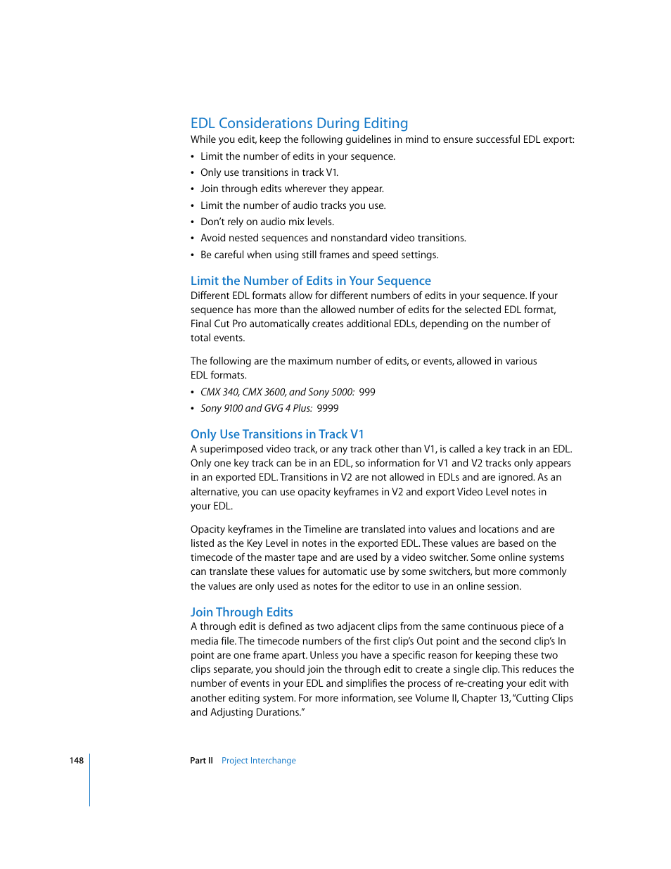 Edl considerations during editing, Limit the number of edits in your sequence, Only use transitions in track v1 | Join through edits | Apple Final Cut Pro 6 User Manual | Page 1631 / 2033