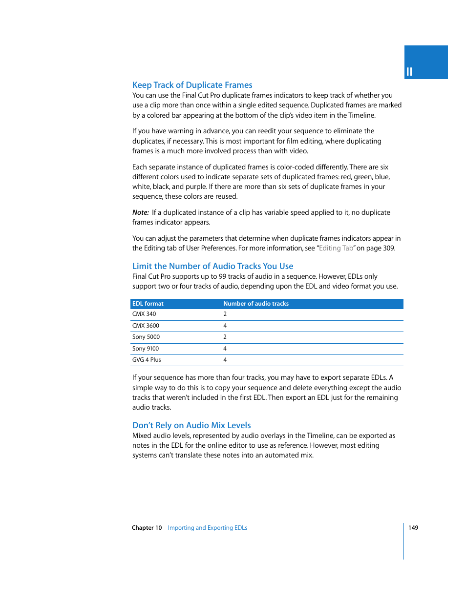 Keep track of duplicate frames, Limit the number of audio tracks you use, Don’t rely on audio mix levels | Apple Final Cut Pro 6 User Manual | Page 1632 / 2033