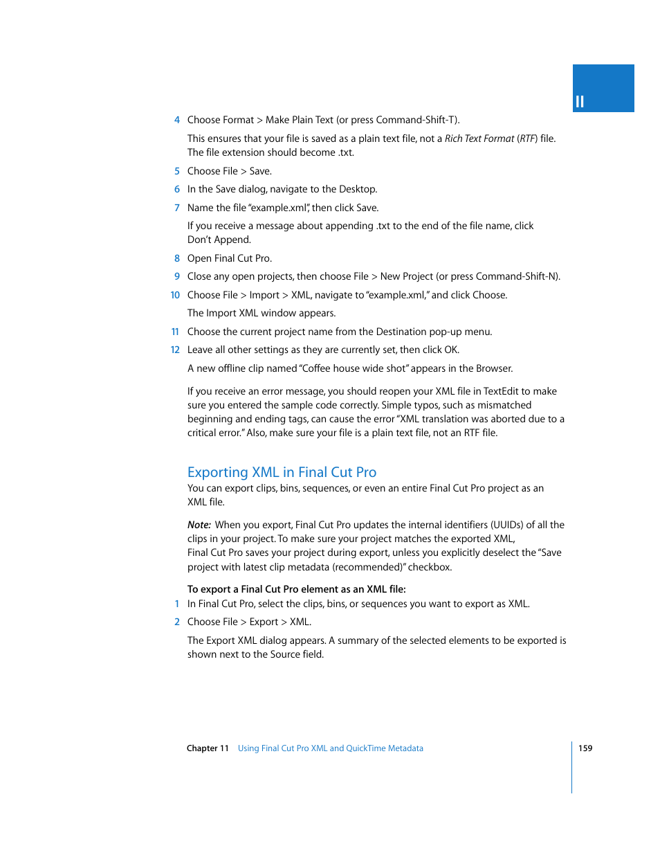 Exporting xml in finalcutpro, Exporting xml in final cut pro, P. 159) | Apple Final Cut Pro 6 User Manual | Page 1642 / 2033