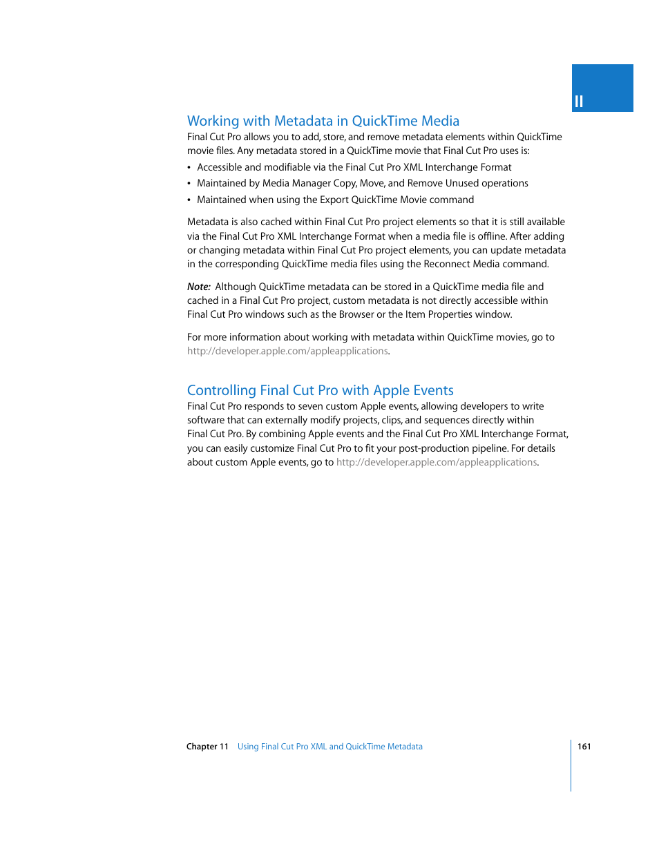 Working with metadata in quicktime media, Controlling finalcutpro with apple events, Controlling final cut pro with apple events | P. 161) | Apple Final Cut Pro 6 User Manual | Page 1644 / 2033