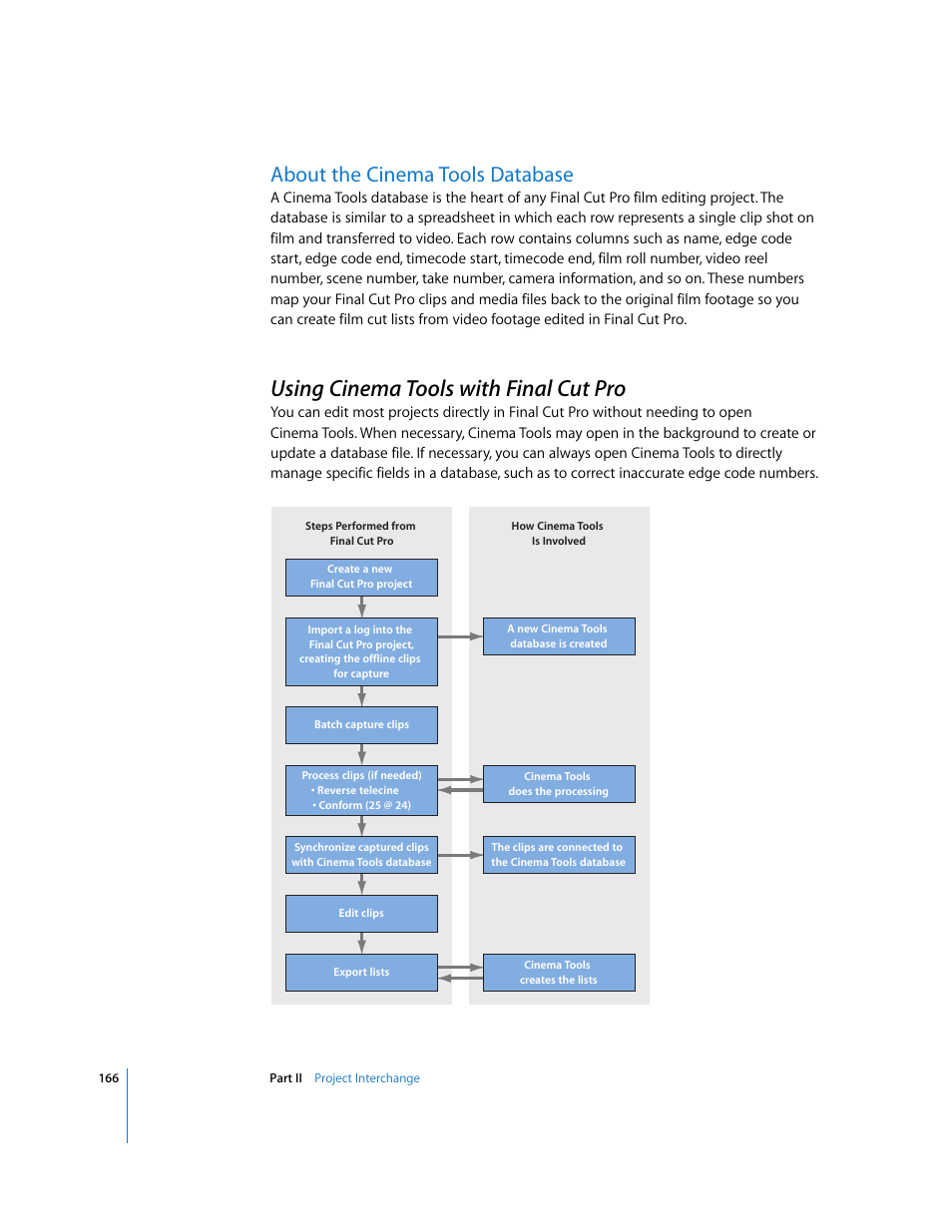 About the cinematools database, Using cinematools with finalcutpro, About the cinema tools database | Using cinema tools with final cut pro, P. 166) | Apple Final Cut Pro 6 User Manual | Page 1649 / 2033